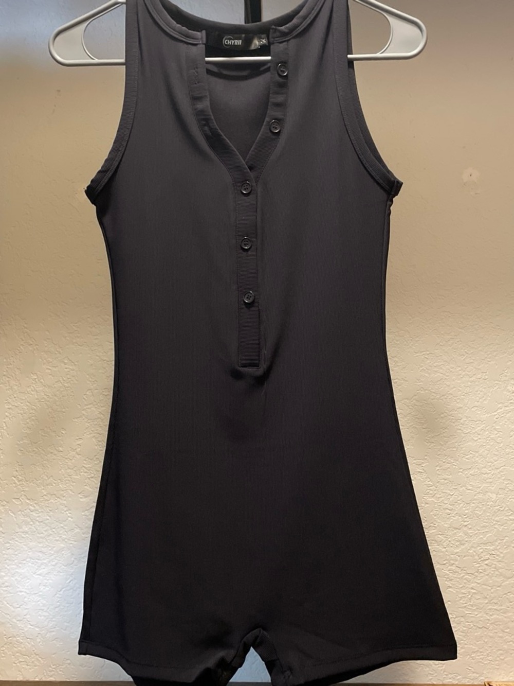 Sleeveless Black Ribbed Henley Romper